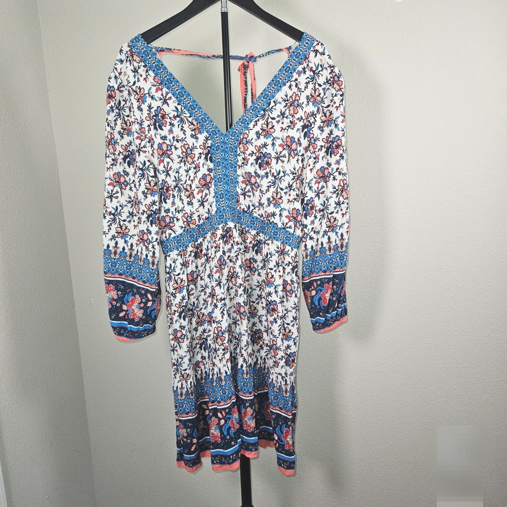 LOFT Beach Womens S Floral Boho Dress Blue Pink V Neck Long Sleeve‎ Mini
